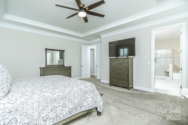 424 Cassia Ct, Fort Mill, SC 29708 - bedroom featuring carpet flooring, ornamental molding, a tray ceiling, baseboards, and ensuite bathroom