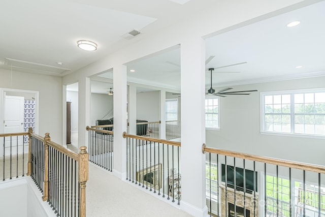 424 Cassia Ct, Fort Mill, SC 29708 - corridor featuring attic access, an upstairs landing, carpet, recessed lighting, and crown molding