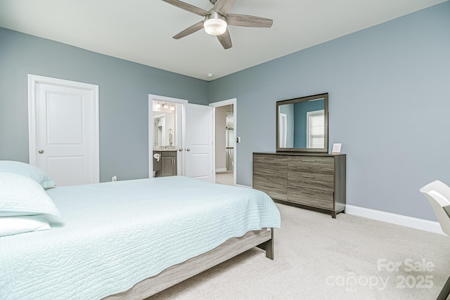 424 Cassia Ct, Fort Mill, SC 29708 - bedroom with light carpet, baseboards, ensuite bathroom, and ceiling fan