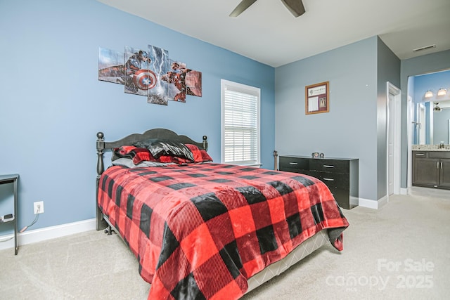 424 Cassia Ct, Fort Mill, SC 29708 - bedroom with light carpet, baseboards, ceiling fan, and connected bathroom