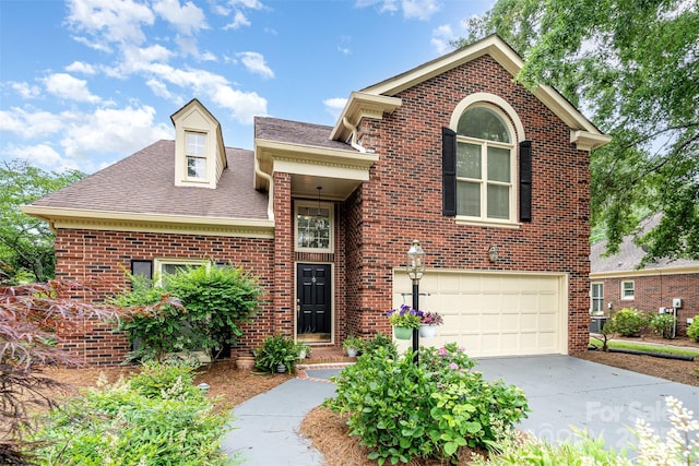 7031 Walton Heath Ln, Charlotte, NC 28277 - traditional-style house with a shingled roof, concrete driveway, a garage, and brick siding