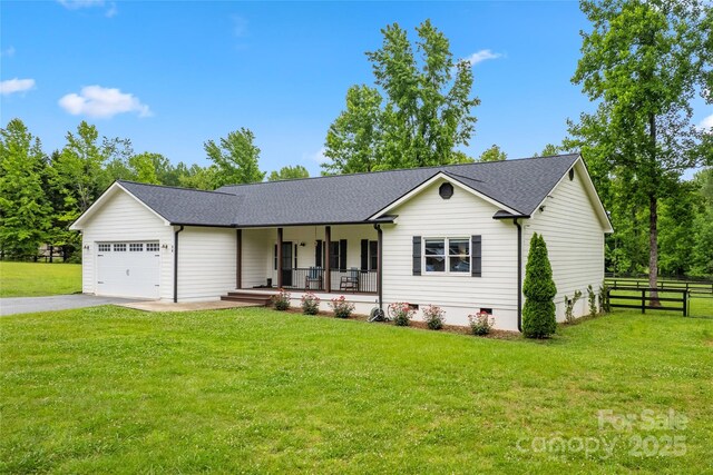 94 Jamestown Ln, Columbus, NC 28722 - ranch-style home with a porch, driveway, a garage, crawl space, and a shingled roof