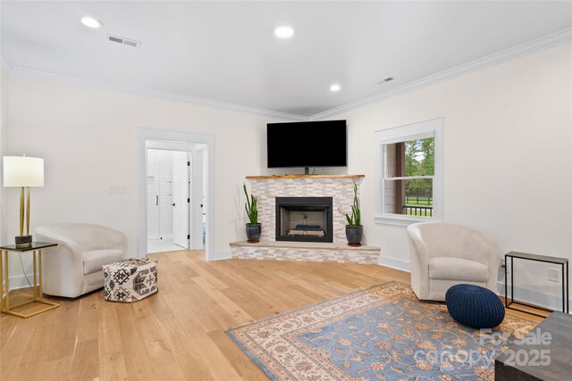 94 Jamestown Ln, Columbus, NC 28722 - living room featuring ornamental molding, wood finished floors, a fireplace, baseboards, and recessed lighting