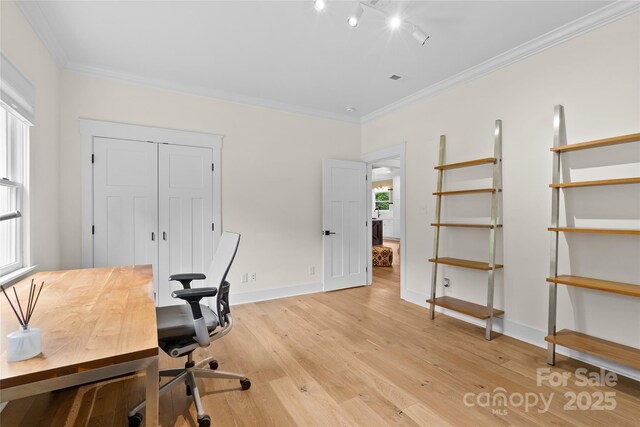 94 Jamestown Ln, Columbus, NC 28722 - office area with ornamental molding, light wood-style flooring, baseboards, and track lighting