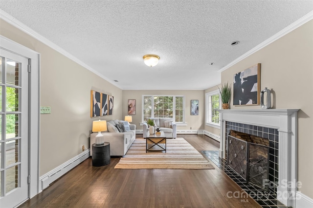 121 33rd Ave NE, Hickory, NC 28601 - living room featuring a baseboard radiator, wood finished floors, a textured ceiling, baseboards, and a tiled fireplace
