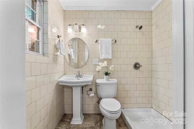 121 33rd Ave NE, Hickory, NC 28601 - bathroom with a stall shower, toilet, ornamental molding, tile walls, and a sink