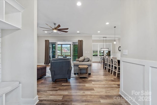 867 Bellegray Rd, Clover, SC 29710 - living room with ceiling fan, wood finished floors, recessed lighting, and ornamental molding