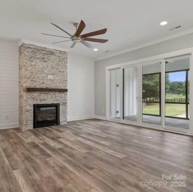867 Bellegray Rd, Clover, SC 29710 - unfurnished living room featuring ceiling fan, wood finished floors, a fireplace, and recessed lighting