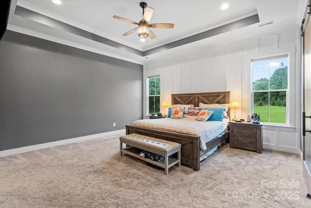 867 Bellegray Rd, Clover, SC 29710 - bedroom with multiple windows, light colored carpet, crown molding, a raised ceiling, and ceiling fan