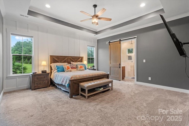 867 Bellegray Rd, Clover, SC 29710 - bedroom featuring a barn door, a raised ceiling, carpet flooring, ceiling fan, and recessed lighting