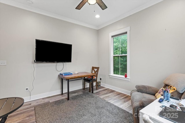 867 Bellegray Rd, Clover, SC 29710 - office area featuring a ceiling fan, wood finished floors, crown molding, and recessed lighting