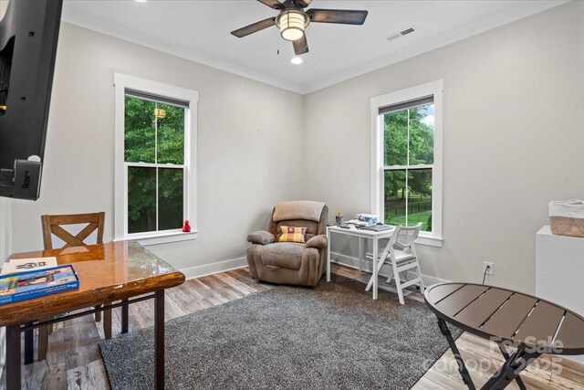 867 Bellegray Rd, Clover, SC 29710 - office space with ceiling fan, wood finished floors, ornamental molding, and recessed lighting
