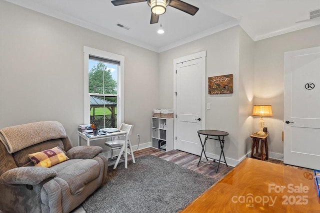 867 Bellegray Rd, Clover, SC 29710 - office featuring wood finished floors, ceiling fan, and ornamental molding