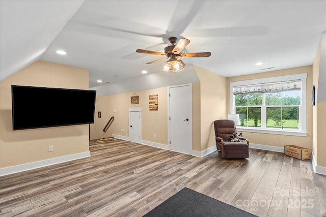 867 Bellegray Rd, Clover, SC 29710 - living area with wood finished floors, a ceiling fan, lofted ceiling, and recessed lighting