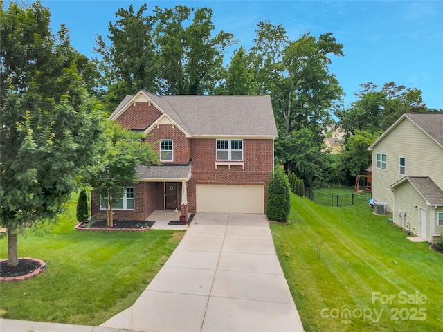 1017 Quail Run Ct, Indian Land, SC 29707 - traditional-style home featuring brick siding, a garage, driveway, and central air condition unit