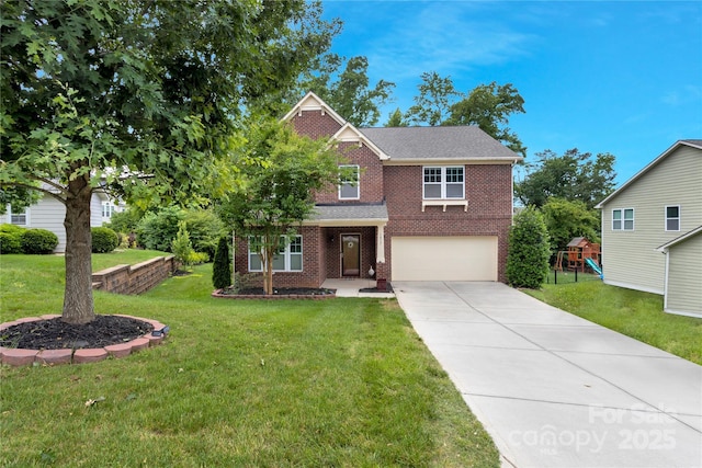 1017 Quail Run Ct, Indian Land, SC 29707 - view of front of house featuring brick siding, concrete driveway, an attached garage, and a front lawn