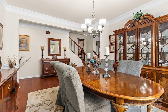 163 Carmen Way, Lancaster, SC 29720 - dining area featuring a chandelier, ornamental molding, stairs, dark wood-style floors, and baseboards