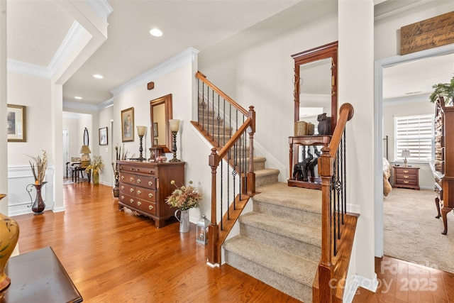163 Carmen Way, Lancaster, SC 29720 - stairs with crown molding, wood finished floors, recessed lighting, and baseboards
