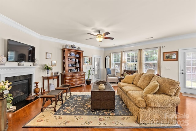 163 Carmen Way, Lancaster, SC 29720 - living room featuring ornamental molding, ceiling fan, a fireplace, and wood finished floors