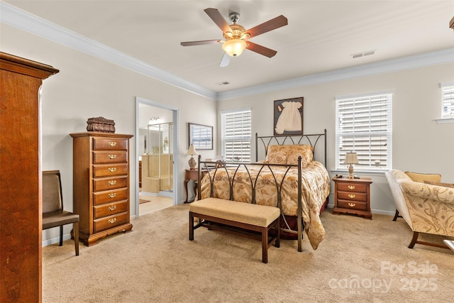 163 Carmen Way, Lancaster, SC 29720 - carpeted bedroom with ornamental molding, ceiling fan, and connected bathroom