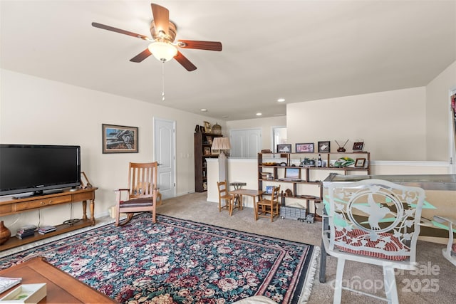 163 Carmen Way, Lancaster, SC 29720 - living area featuring a ceiling fan, carpet flooring, recessed lighting, and baseboards
