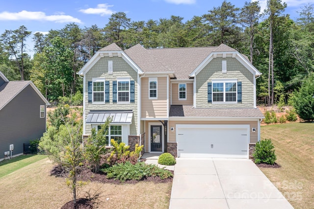 14611 Murfield Ct, Charlotte, NC 28278 - view of front of home featuring concrete driveway, a shingled roof, a front yard, an attached garage, and stone siding