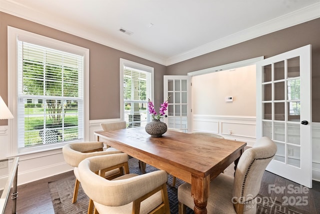 2844 Georgia Ave, Charlotte, NC 28205 - dining space with dark wood-style flooring, a decorative wall, wainscoting, and ornamental molding