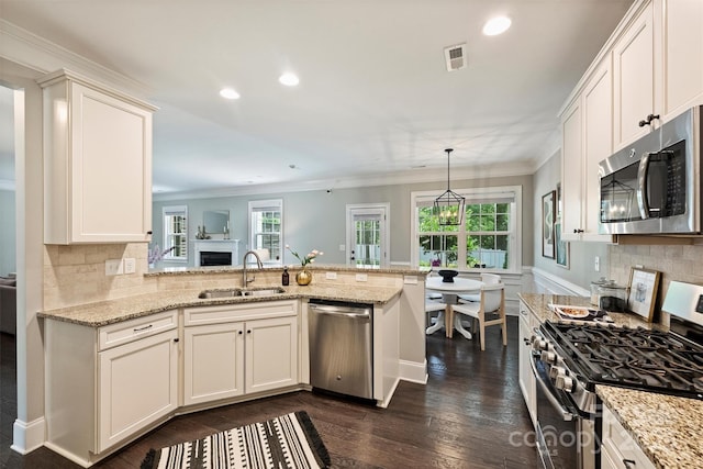 2844 Georgia Ave, Charlotte, NC 28205 - kitchen with appliances with stainless steel finishes, a sink, a peninsula, crown molding, and recessed lighting