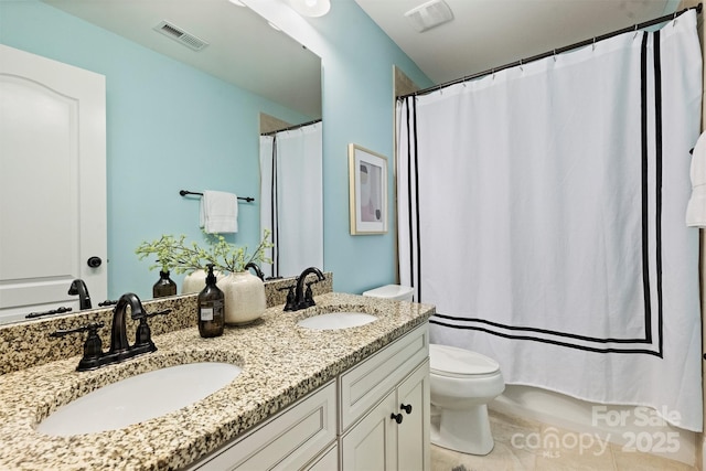 2844 Georgia Ave, Charlotte, NC 28205 - bathroom with toilet, double vanity, a shower with shower curtain, and tile patterned flooring