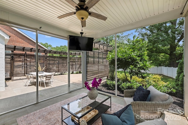 2844 Georgia Ave, Charlotte, NC 28205 - fenced backyard featuring a patio, a ceiling fan, outdoor dining area, and an outdoor hangout area