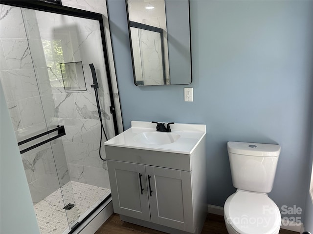 488 John Swofford Rd, Nebo, NC 28761 - bathroom with vanity, a marble finish shower, toilet, and wood finished floors