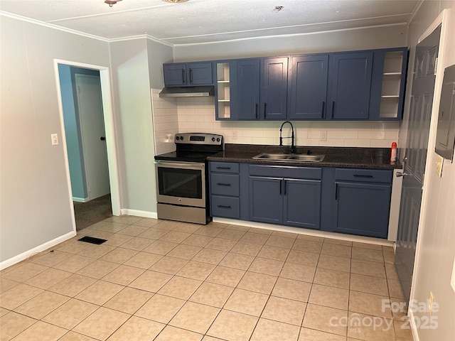 488 John Swofford Rd, Nebo, NC 28761 - kitchen featuring stainless steel electric range, a sink, dark countertops, under cabinet range hood, and backsplash