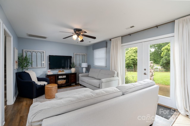 318 Confederate Dr SW, Concord, NC 28027 - living room with ceiling fan, wood finished floors, and french doors