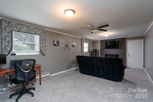 318 Confederate Dr SW, Concord, NC 28027 - cinema room featuring ornamental molding, a brick fireplace, carpet floors, ceiling fan, and baseboards