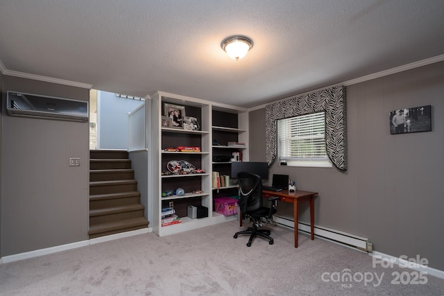 318 Confederate Dr SW, Concord, NC 28027 - home office with a baseboard radiator, a wall mounted AC, carpet, crown molding, and a textured ceiling