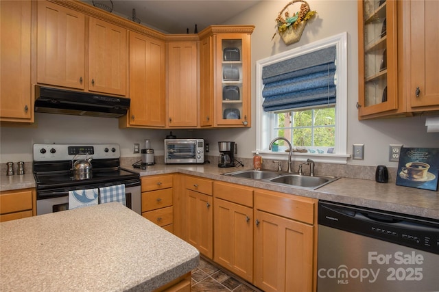 3690 Penland Rd, Spruce Pine, NC 28777 - kitchen with under cabinet range hood, stainless steel appliances, a sink, and light countertops