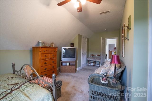 3690 Penland Rd, Spruce Pine, NC 28777 - bedroom featuring light colored carpet, vaulted ceiling, baseboards, and ceiling fan