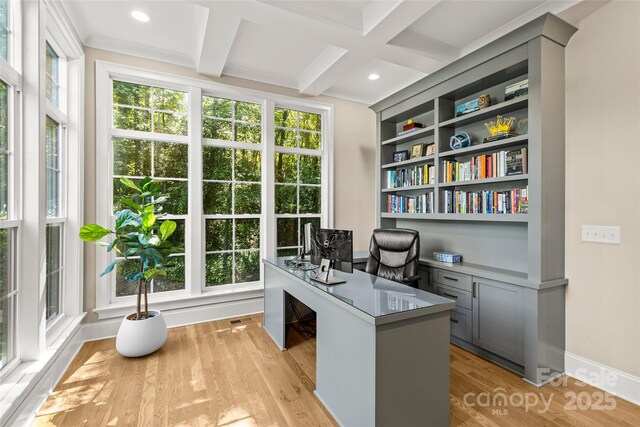 6013 Camile Ct, Charlotte, NC 28226 - office featuring coffered ceiling, light wood-style flooring, beamed ceiling, baseboards, and recessed lighting