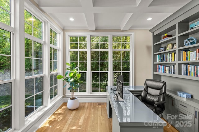6013 Camile Ct, Charlotte, NC 28226 - office featuring coffered ceiling, wood finished floors, beam ceiling, and recessed lighting