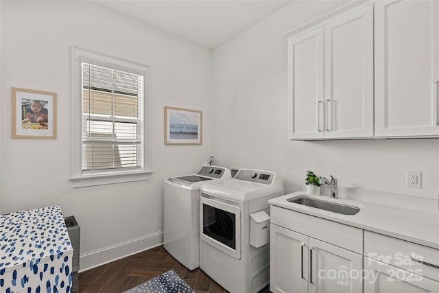 6013 Camile Ct, Charlotte, NC 28226 - laundry area with washer and dryer, cabinet space, baseboards, and dark wood finished floors