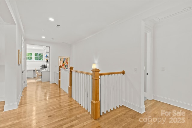 6013 Camile Ct, Charlotte, NC 28226 - corridor with light wood-type flooring, attic access, recessed lighting, an upstairs landing, and baseboards