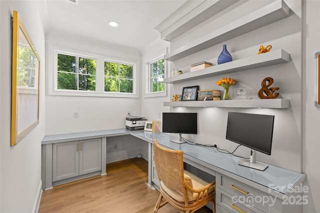 6013 Camile Ct, Charlotte, NC 28226 - office area featuring built in desk, light wood-type flooring, and recessed lighting