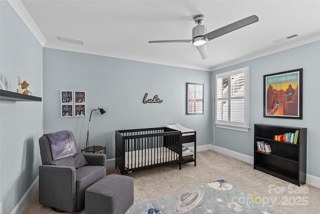 6013 Camile Ct, Charlotte, NC 28226 - bedroom with ornamental molding, carpet flooring, a nursery area, baseboards, and a ceiling fan