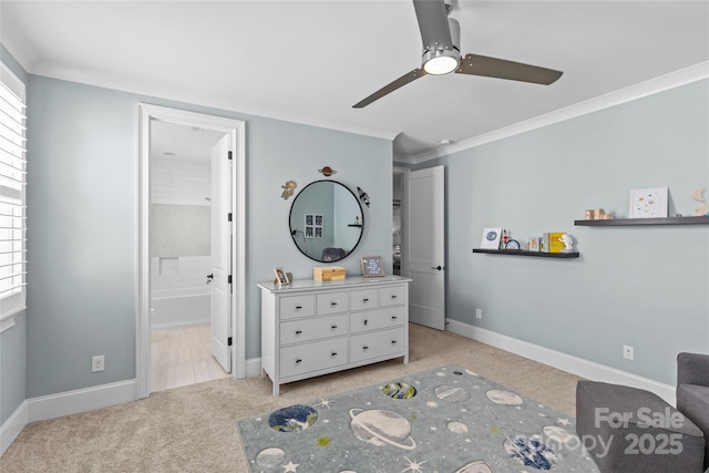 6013 Camile Ct, Charlotte, NC 28226 - bedroom with carpet, baseboards, ornamental molding, ceiling fan, and ensuite bath
