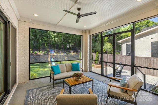 6013 Camile Ct, Charlotte, NC 28226 - sunroom featuring ceiling fan and an outdoor hangout area