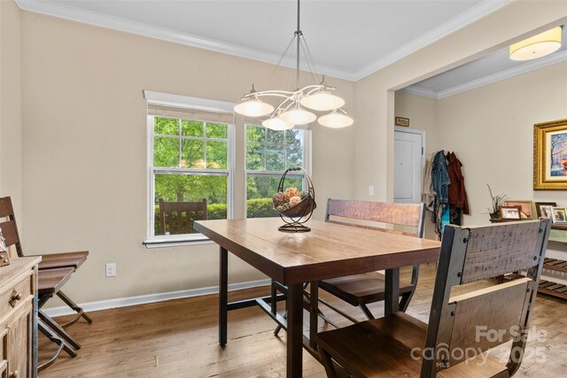 6010 Hawk View Rd, Waxhaw, NC 28173 - dining room featuring a chandelier, wood finished floors, crown molding, and baseboards