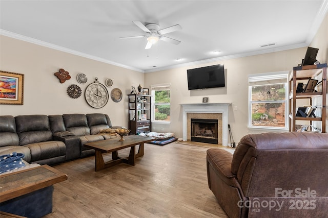 6010 Hawk View Rd, Waxhaw, NC 28173 - living area with a fireplace, wood finished floors, a ceiling fan, and crown molding