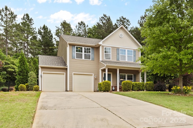 6010 Hawk View Rd, Waxhaw, NC 28173 - view of front facade with driveway, a porch, board and batten siding, a shingled roof, and an attached garage
