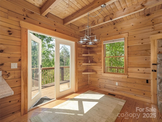 79 Acorn Ln, Rutherfordton, NC 28139 - doorway to outside featuring wood ceiling with exposed beams, wood finished floors, a chandelier, and wooden walls