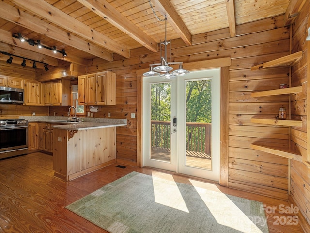 79 Acorn Ln, Rutherfordton, NC 28139 - kitchen featuring stainless steel appliances, a sink, wooden walls, rail lighting, and dark wood-style floors